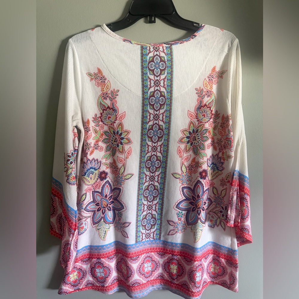 New Directions Floral Boho Peasant blouse bell split sleeves size medium - Picture 11 of 12